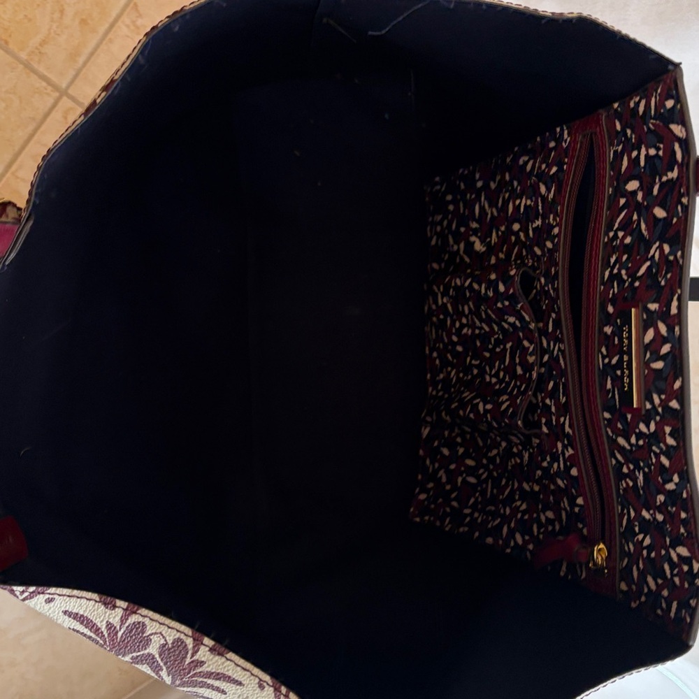Tory Burch Kerrington Printed Tote • Maroon Leaf Pattern • Leather Trim - Picture 3 of 3